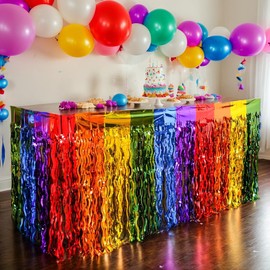 2Pcs Rainbow Party Decorations Rainbow Foil Fringe Table Skirts Rainbow Fringe Table Skirts for Birthday Wedding Bridal Shower Unicorn Pride Party Restaurant Decorations