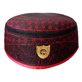 Alwee Muslim Kufi Hat ALW010 Islam Men Prayer Skull Cap Headware Ramadan Eid Gift (24 in. Circumference, Black/Red)