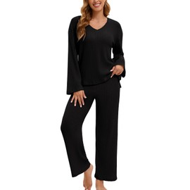 LEYSHE Two-Piece Long Sleeve Leisure Suit Women's Elegant Lounge Set V-Neck Leisure Suit Ribbed Outfit Knitted Set Women's Tracksuit Pyjamas Winter, black