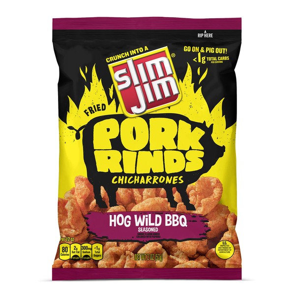 Slim Jim Pork Rinds Hog Wild Bbq Fried Snacks, Keto Friendly, 2 oz Bag, 2 oz