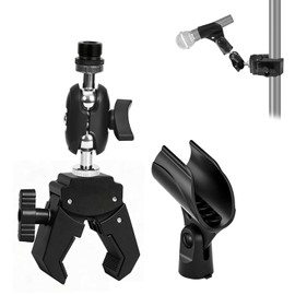 Mic Crab Clamp Microphone Mount, Desk Pipe Pole Clamp Mic Mount with Dual Ball Head Adjustment 1/4" to 5/8" Thread, Fits Mic Stand, Drum Stand, Desktop Shelf