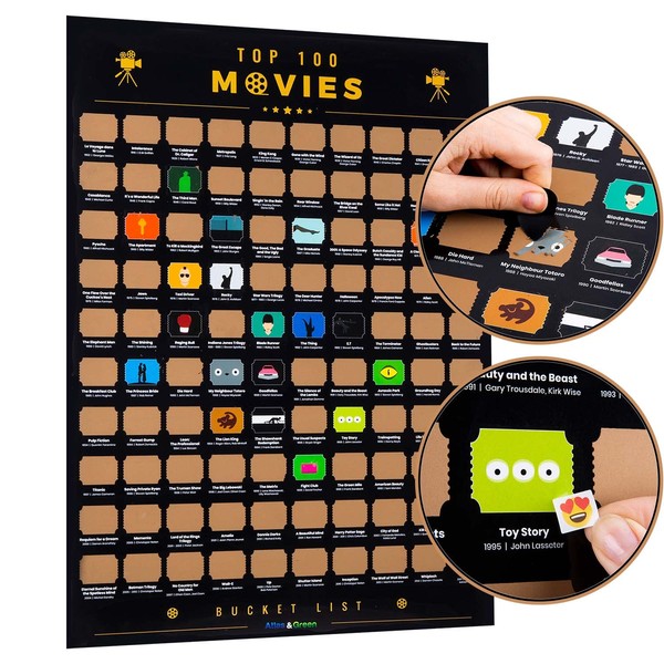Atlas & Green Top 100 Movies Scratch Off Poster | Selected IMDB Top 100 Movies Poster + BONUS Accessories: Gift Tube & Movie Posters Stickers | 100 Movies Scratch Off Poster