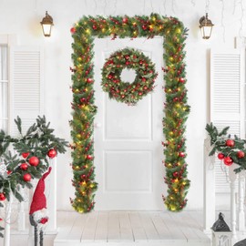 24 Inch Christmas Wreaths, Christmas Wreaths for Front Door with Balls Ornaments, Eucalyptus and Battery Operated LED Lights, Large Artificial Xmas Wreath with Timer for Outdoor Holiday Decor