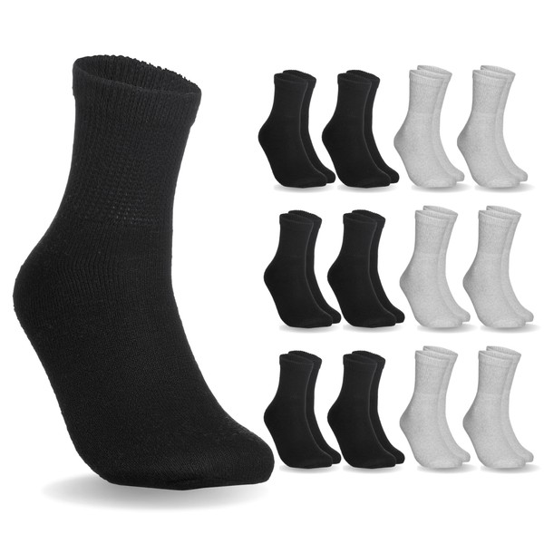 Special Essentials - 12 pares de calcetines de algodón para diabéticos, sin ataduras con parte superior extra ancha para hombres y mujeres, Negro/Gris, Large