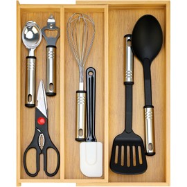 Bandeja organizadora de cajones de bambú grande para utensilios de cocina, organizador de utensilios de cocina, organizador de utensilios de cocina expandible, bandeja de cubiertos de madera