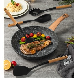 Silicone Kitchen Utensils Set, 25Pcs Nonstick Cooking Utensil Set with Wooden Handle, Heat Resistant Spatula Set for Cooking, BPA Free Silicone Kitchen Gadgets Tools with Spoons,Turners(Black)