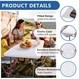 Enjoyidea Fitted Tablecloth for 6 Foot Rectangle Tables-2 Pack White Elastic Outdoor Picnic Table Cover-Spandex Stretch Folding Table Cloths 6 ft for Camping Dining Room Patio Kitchen Banquet Party