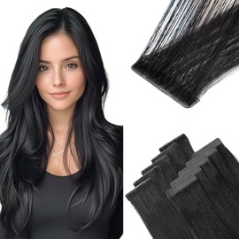 TESS Injected Tape In Hair Extensions Human Hair Black Invisible Seamless Real Hair Straight 10 Pcs 25G - #01 Jet Black - 20 Inch