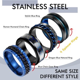 4Pcs Mens Rings Set Anxiety Spinner Chain Rotation Fidget Band Cool Blue Hip Hop Stainless Steel Male Jewelry 10
