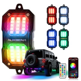 Auxbeam 4 Pods LED Rock Lights w/Brake Mode, Chasing Color RGB Wheel Well Lights w/Bluetooth APP& Remote Control, Music Voice Sync Underglow for Trucks UTV ATV Boat Waterproof, 1 Year Warranty