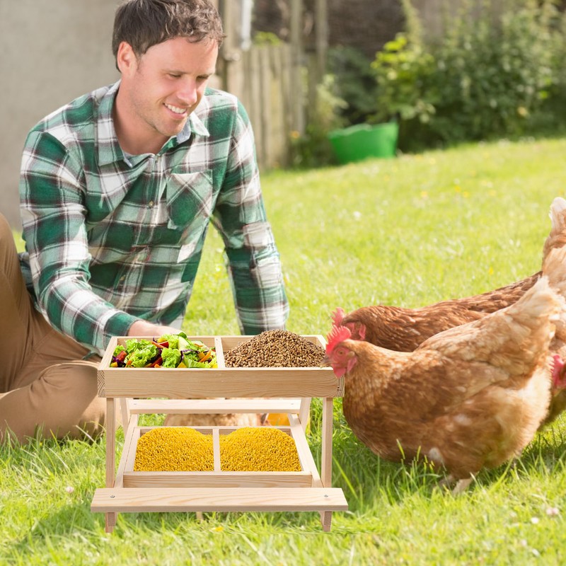 Double Chicken Picnic Table, Large Capacity Wooden Chicken Feeder No