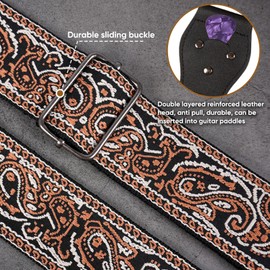 JIPIS Embroidered Cotton Guitar Strap - Adjustable Length with Anti Slip Buckles, Free Head Strap, 3 Guitar Picks (GS-08-4 Brown Embroidery)