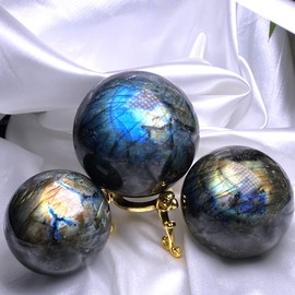 Loverain Natural Labradorite Sphere Rock Quartz Crystal Ball Healing Ornament Specimen + Pedestal (60mm / 2.36 in)