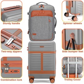 Lumesner Luggage Backpack, 20 Inch Carry On Suitcase with Spinner Wheels & TSA Lock, PC Hardside Luggage with Backpack, USB Port, Packing Cubes & Shoe Bag Included