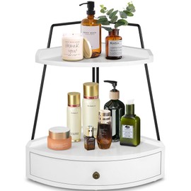 PICKKROSS 2 Tier Bathroom Counter Organizer, Wood Bathroom Tray with Drawer, Corner Storage Shelf for Vanity Tray Kitchen Spice Rack Coffee Station Organizer, Kitchen Organizer & Storage