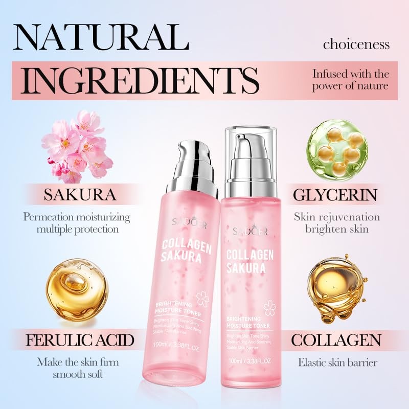 Sakura Collagen Brightening Moisture Toner, 100ml, Hydrating, Moisturising, Soothing