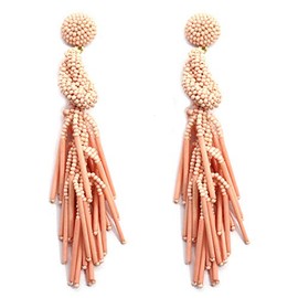 Handmade Beaded Solid Color Post Statement Earrings for Women All Season 4 inch Long (Peach Salmon)