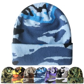 PFFY Beanie for Men Women Unisex Knit Cuffed Plain Winter Beanies Hats Skull Cap Camo Blue