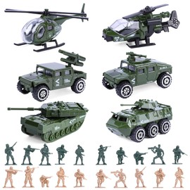 26 Pack Diecast Military Vehicles Set,6 Pack Assorted Alloy Metal Models Car Toys and 20 Pack Soldier Army Men,Mini Army Toy Tank,Panzer,Helicopter,Anti-Air Vehicle Party Favors for Kids