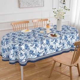 ZORKET Oval Tablecloth 60 x 84 Inch, Vintage Blue Floral Flower Oval Table Cloth, Washable Wrinkle Free Oval Table Cover for Kitchen Dinning Party