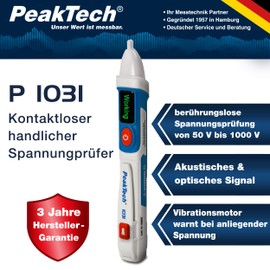 PeakTech 1031 - Contactless AC Voltage Tester with LED Signal Lamp & Vibration, 50 - 1000 V AC Operating Range, Non-Contact Voltage Tester, Current Tester, Pen Multimeter - 155 x 25 mm, White