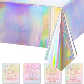 2 Pack Iridescent Tablecloth, 54" x 108" Birthday Party Table Cloths Shiny Laser Table Cover Iridescence Plastic Disposable Table Covers Iridescent Disco Party Decorations