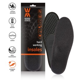 WorkerWalker, Super Active Pro, Plantillas para calzado de trabajo, con control de olores de carbón activado y soporte ortopédico para arco, fabricadas en Europa, Negro, 39 EUR - 8 US Women