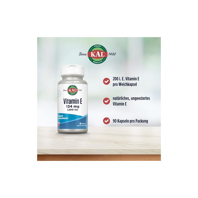 KAL E-200 D-Alpha Tocopherol 200 IU cápsulas blandas, 90 unidades