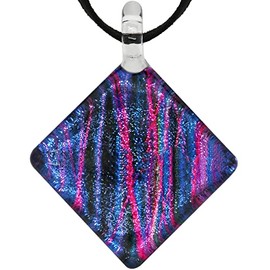 CHUVORA Hand Blown Glass Colorful Striped Square Pendant Necklace for Women, Purple Red Black 16-18 inches