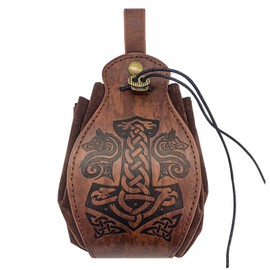 Medieval Faux Leather Viking Pouch Drawstring Vintage Pouch Nordic Compass Pattern Wallet Portable Dice Coin Purse Retro Belt Pouch Fashion LARP Pouch Waist Bag for Women Men Brown