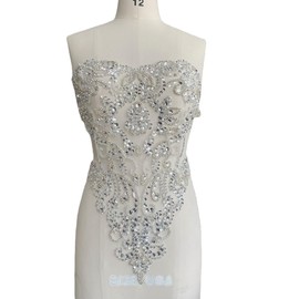 Pure Hand Sewing Beads Appliques sew on Rhinestones Sequins Crystals Trim Patches for Wedding Dresses DIY Accessories 18X19in (Silver)