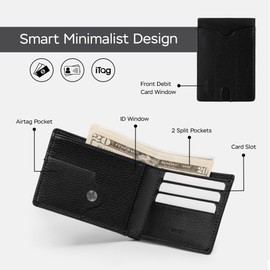 VEGALTY - Microfiber Minimalist Scratch-Resistant Leather Wallet with Airtag Pouch | Slim Bifold Front Pocket with RFID Protection 6 Card Slots and Hidden ID Window - Black