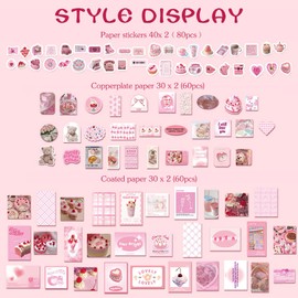 200 Pieces Vintage Scrapbooking Supplies Pack for Junk Journal Bullet Journals Planner Decoupage Paper Scrapbook Stickers Aesthetic Cottagecore Collage Craft Album (Pink Series)