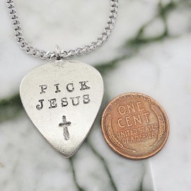 FORGIVEN JEWELRY Pick Jesus Cross Antique Silver Finish Guitar Pick Pendant Chain Necklace
