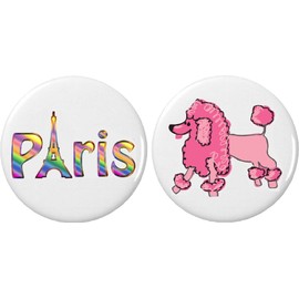 Set 2 Parisian Themed 1.25” Pinback Buttons Pins Paris Eiffel Tower Pink Poodle