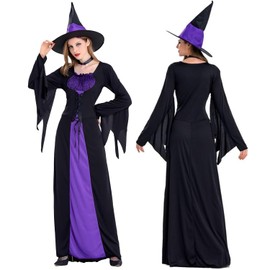 Disfraz de Bruja Mujer Halloween de 3 Piezas - Vestido Clásico de Bruja Morada con Sombrero y Gargantilla Incluidos, Estilo Gótico, para Fiesta de Disfraces Adultos,Cosplay (L)