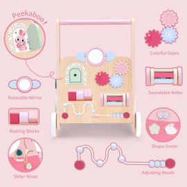 PairPear Wooden Baby Walker Push and Pull Learning Activity Walker,Toddler Sit to Stand Push Walker Toys Gift for Baby Boys and Girls 12 m+ （Pink Rabbit