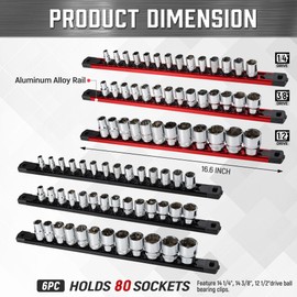 ALOANES Magnetic Socket Organizer Set, 6PC Heavy Duty Aluminum Socket Holder Organizer, 360° Swivel Clips Socket Holder Kit for Toolbox Drawer Fit 1/2, 3/8, 1/4-Inch x 80 Clips (Red&Black, 6PC)