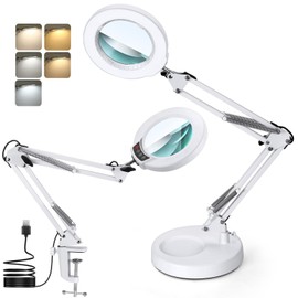 MagnieOpti 10X Magnifying Glass with Light and Stand, Real Glass Lens Desk Lamp, Lighted Magnifier with Light Stepless Dimming Hands Free for Craft, Reading, Painting, Sewing, Solder - White