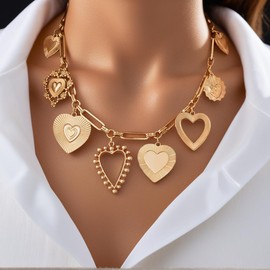 CXENSJH Charm Heart Necklace for Women Chunky Heart Pendent Choker Necklace Puff Heart Necklace Adjustbale Clavicle Chain Jewelry(Gold)