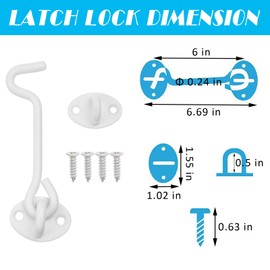 2pcs White Cabin Hooks 6 Inch, Stainless Steel Gate Hook Lock, Solid Barn Door Hook for Door Gate Shed Window Closet with Mounting Screws (6inch)