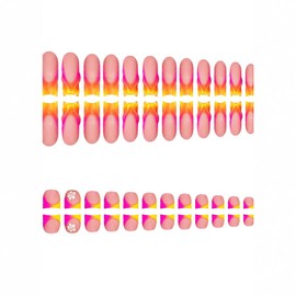 Flame Wave French Press on Nails Medium & Press on Toenails Set - Square Fake Nails Press ons Ombre Glue on Nails Full Cover Nude Fake Toe Nails with White Flowers Design Acrylic Nail Kit 48Pcs