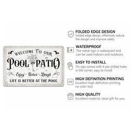 Generic Welcome to Our Pool and Patio Enjoy Relax Laugh Metal Signs Vintage Beach Metal Sign For Wall Decor Deck Backyard Bar Signs Patio Decor Outdoor Pool Decor 8x12 Inch