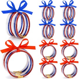 Solsew 12 Pcs 4th of July Bracelets Glitter Red White and Blue Jelly Bangles Patriotic Silicone Wristbands with Ribbon Bow Independence Day Jelly Bracelets Accessories Gifts for Women Adults