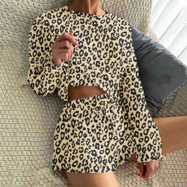 Ekouaer Womens Waffle Knit Lounge Set Long Sleeve Top and Shorts Pajama Set Print Comfy Sets Loungewear with Pockets Yellow Leopard Small