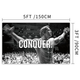 Arnold Schwarzenegger Conquer Motivational Inspirational Office Gym Wall Decor Flag Banner，3x5 Feet Flag Funny Poster Durable Man Cave Wall Flag with Brass Grommets This beautiful entertaining banner flag for College Dorm Room Decor,Outdoor,Parties gifts