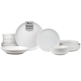 Sango 16-Piece Boho Farmhouse Stoneware Dinnerware Set for 4, Semi-Matte White Plates and Bowls Sets with Rustic Speckled Glaze, Ceramic Dish Set, Modern Dishes, Microwave & Dishwasher Safe, Kaya