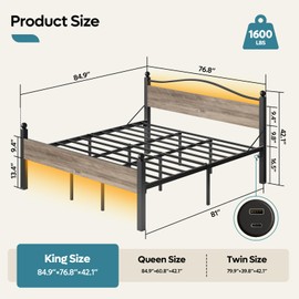 Pinmoco King Size Bed Frame with Headboard and Charging Station, 18 Inch Heavy Duty Metal Platform Bed with 16.5'' Under Bed Storage Space, Dual LED Lights, Sturdy, Noise Free, Easy Assembly, Gray