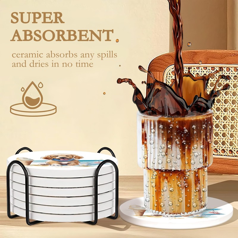 Drink Coasters with Holder,6 Pcs Dog Beach Absorbent Ceramic Drink