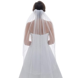 SAMKY 1T 1 Tier 1/8" Ribbon Edge Wedding Veil - White Fingertip Length 36" V548